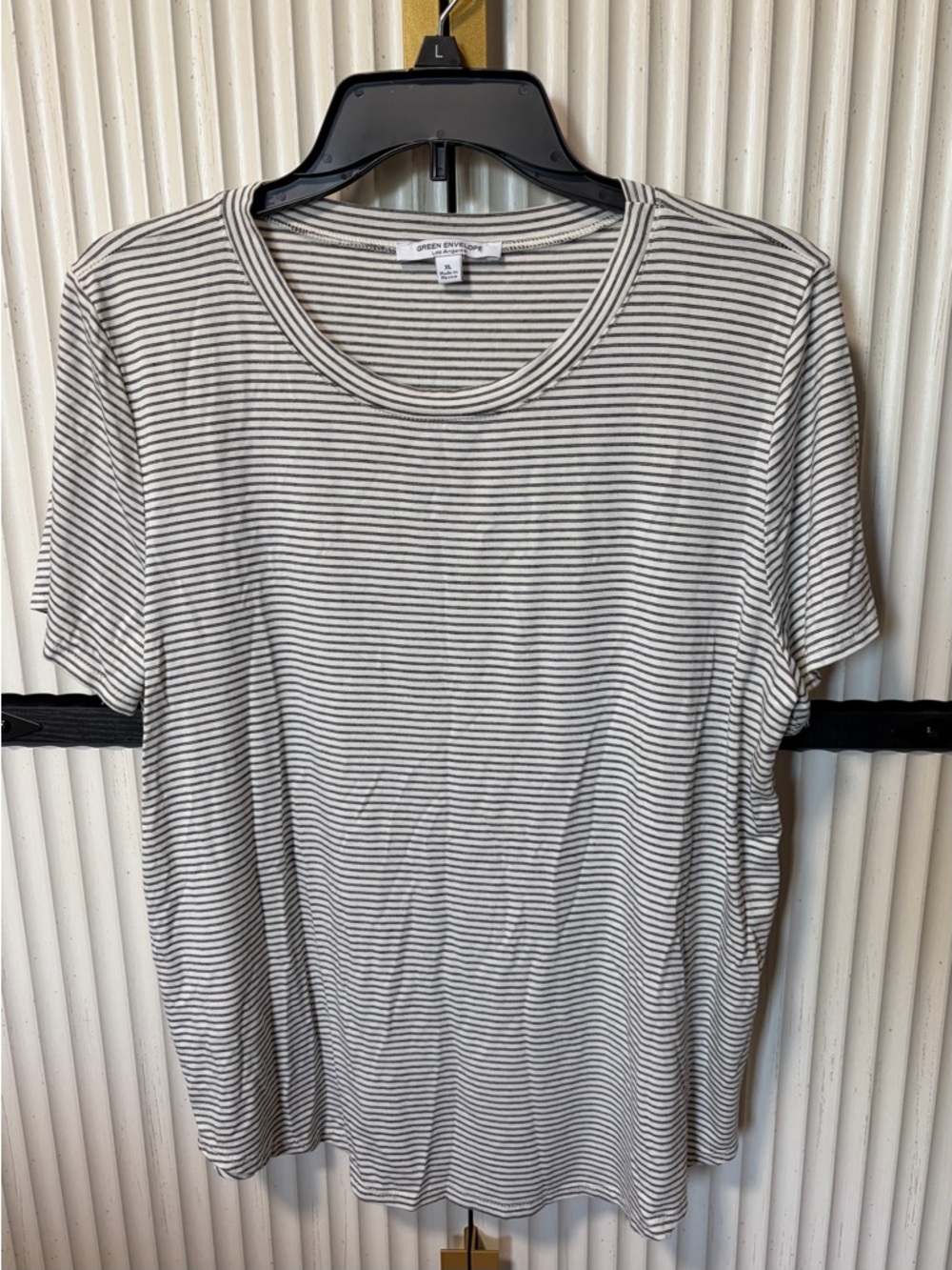 Green Envelope Black & White Striped Crew Neck Tee